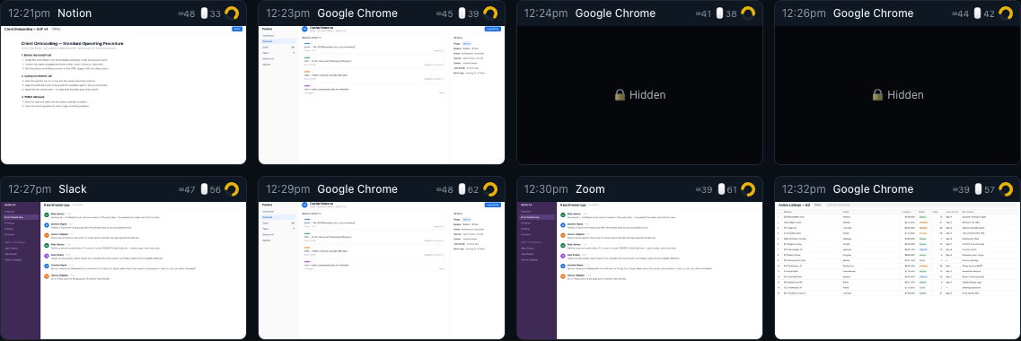 Screenshot grid where two captures show a padlock and the word Hidden instead of an image